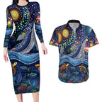 Heal Country Heal Our Nation Aboriginal Dreamtime Couples Matching Long Sleeve Bodycon Dress and Hawaiian Shirt