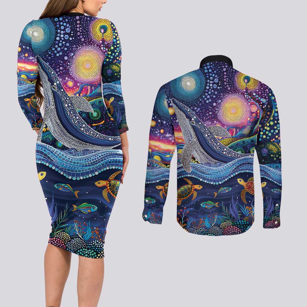 Heal Country Heal Our Nation Aboriginal Dreamtime Couples Matching Long Sleeve Bodycon Dress and Long Sleeve Button Shirt