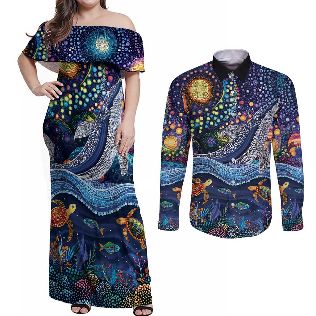 Heal Country Heal Our Nation Aboriginal Dreamtime Couples Matching Off Shoulder Maxi Dress and Long Sleeve Button Shirt
