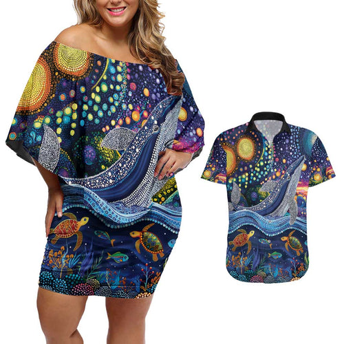 Heal Country Heal Our Nation Aboriginal Dreamtime Couples Matching Off Shoulder Short Dress and Hawaiian Shirt