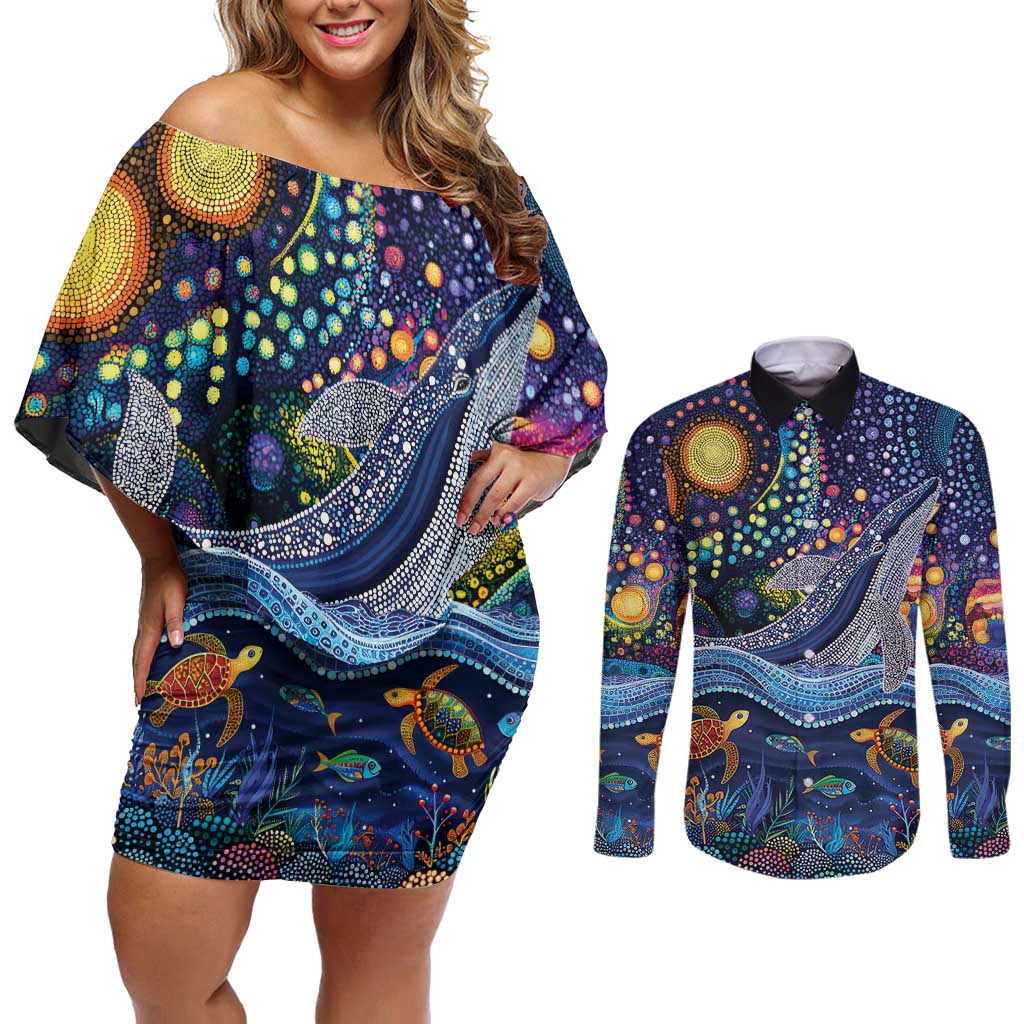 Heal Country Heal Our Nation Aboriginal Dreamtime Couples Matching Off Shoulder Short Dress and Long Sleeve Button Shirt