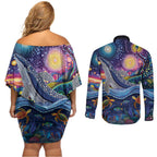 Heal Country Heal Our Nation Aboriginal Dreamtime Couples Matching Off Shoulder Short Dress and Long Sleeve Button Shirt