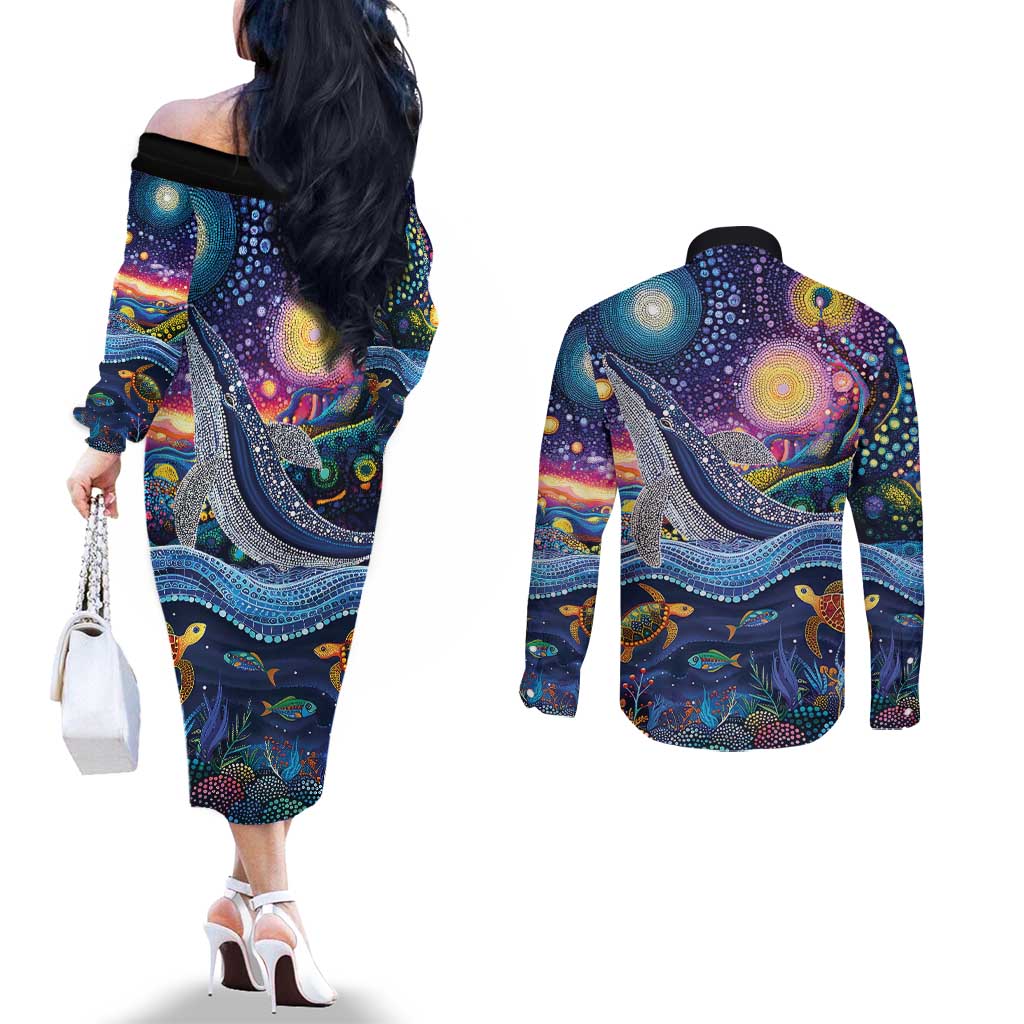 Heal Country Heal Our Nation Aboriginal Dreamtime Couples Matching Off The Shoulder Long Sleeve Dress and Long Sleeve Button Shirt