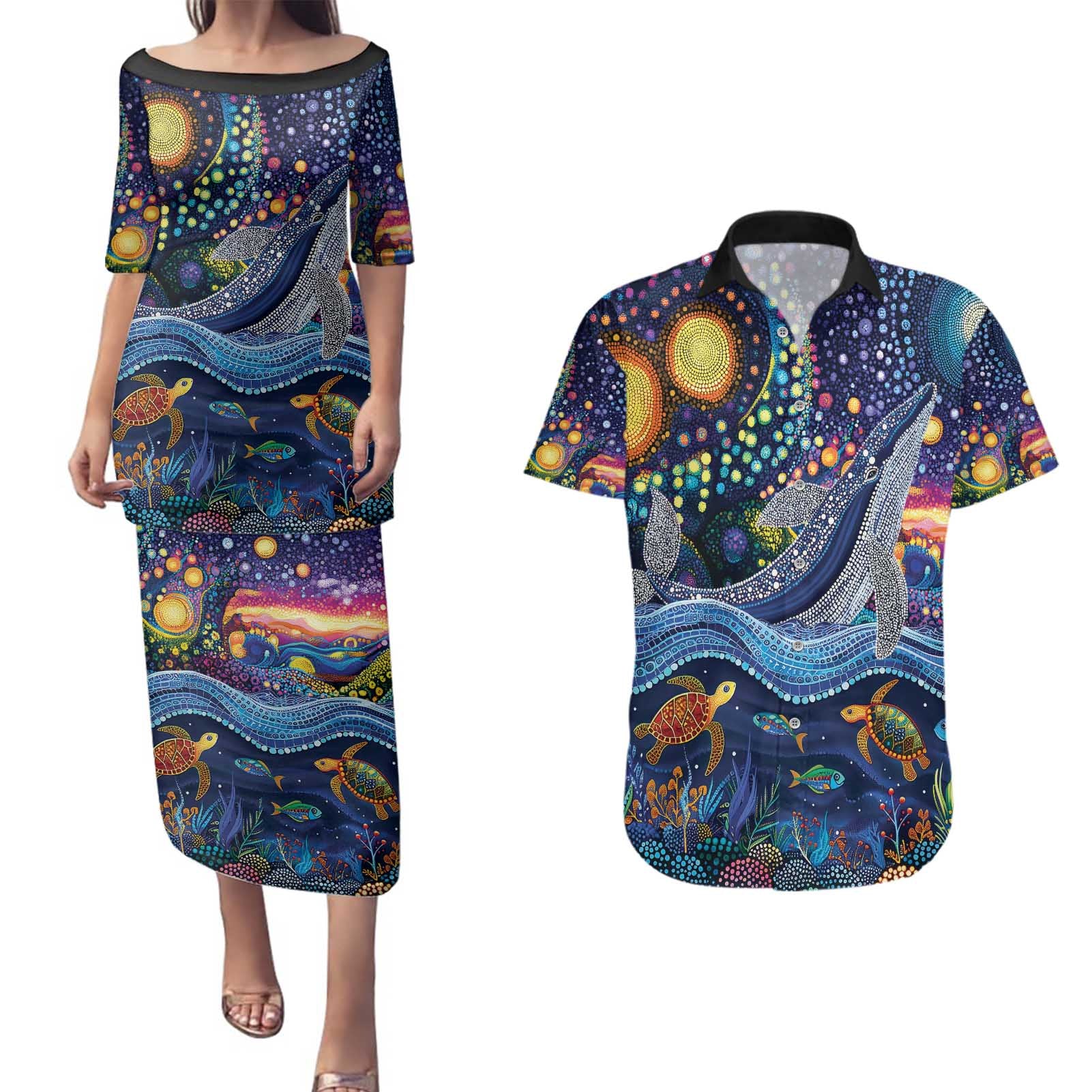 Heal Country Heal Our Nation Aboriginal Dreamtime Couples Matching Puletasi and Hawaiian Shirt