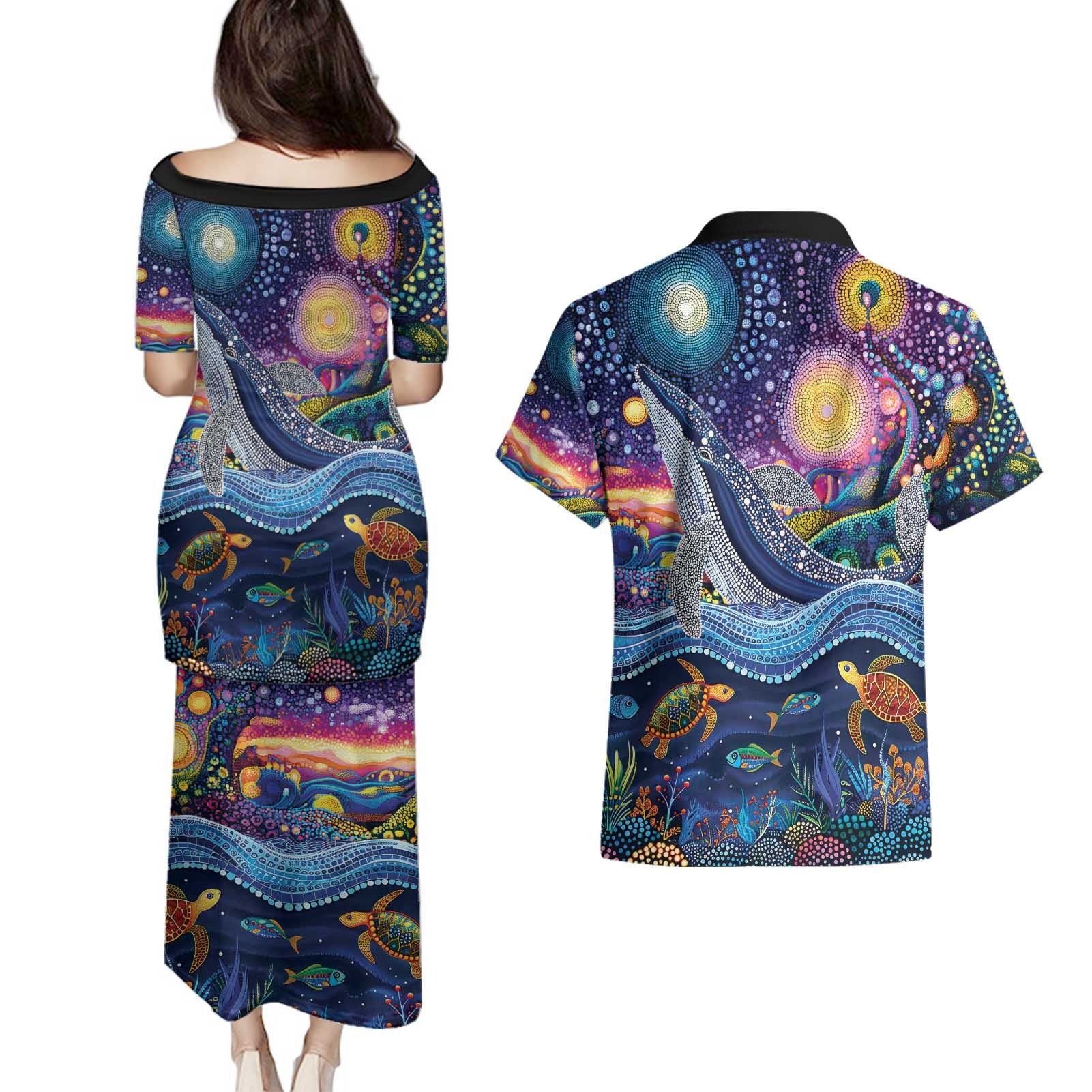 Heal Country Heal Our Nation Aboriginal Dreamtime Couples Matching Puletasi and Hawaiian Shirt