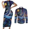 Heal Country Heal Our Nation Aboriginal Dreamtime Couples Matching Short Sleeve Bodycon Dress and Long Sleeve Button Shirt