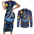Heal Country Heal Our Nation Aboriginal Dreamtime Couples Matching Short Sleeve Bodycon Dress and Long Sleeve Button Shirt