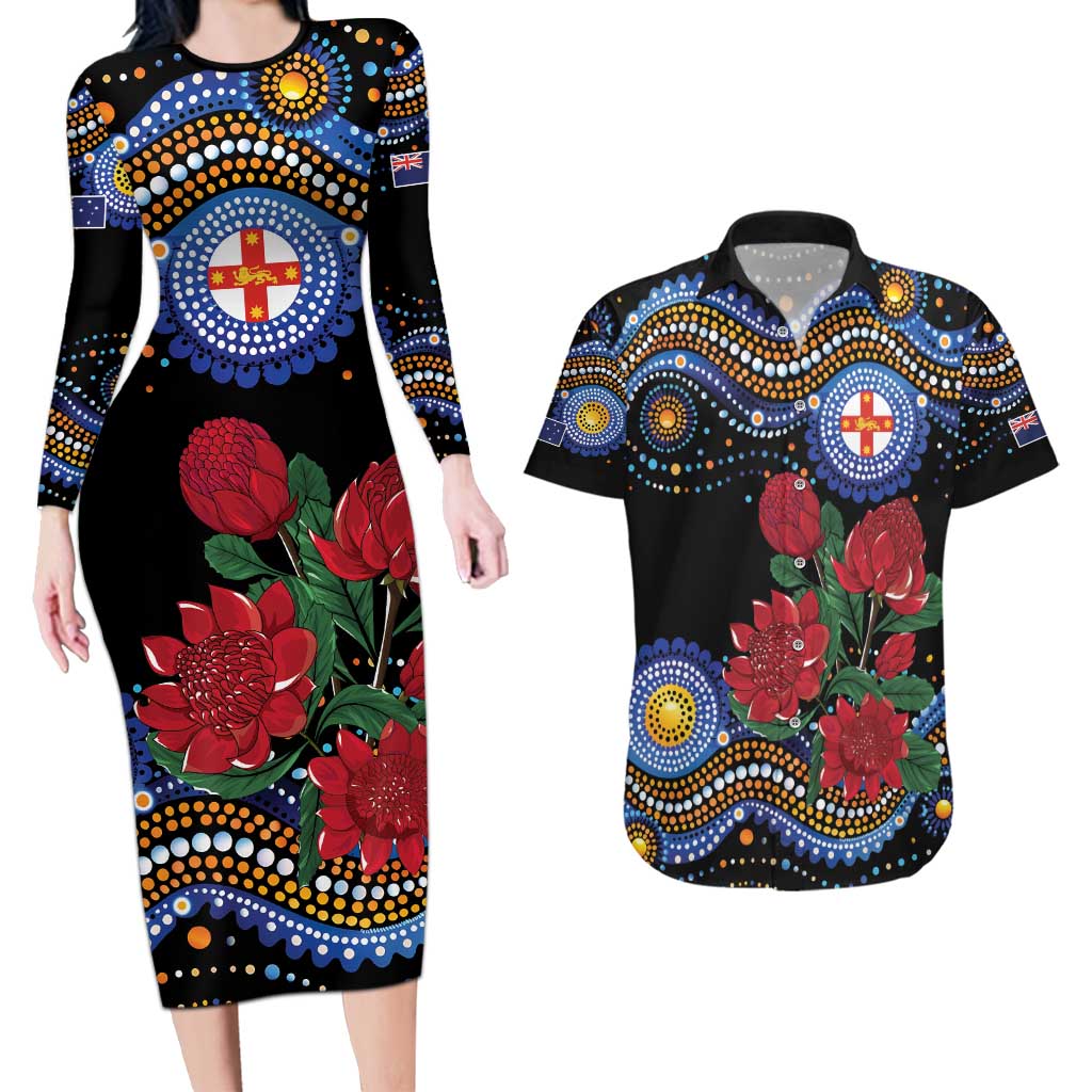 Australia New South Wales Waratahs Couples Matching Long Sleeve Bodycon Dress and Hawaiian Shirt Aboriginal Dot Art
