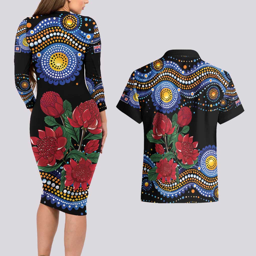 Australia New South Wales Waratahs Couples Matching Long Sleeve Bodycon Dress and Hawaiian Shirt Aboriginal Dot Art