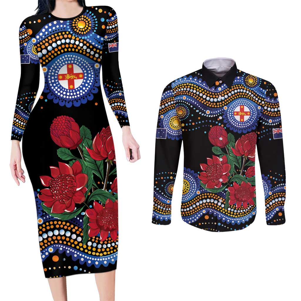Australia New South Wales Waratahs Couples Matching Long Sleeve Bodycon Dress and Long Sleeve Button Shirt Aboriginal Dot Art