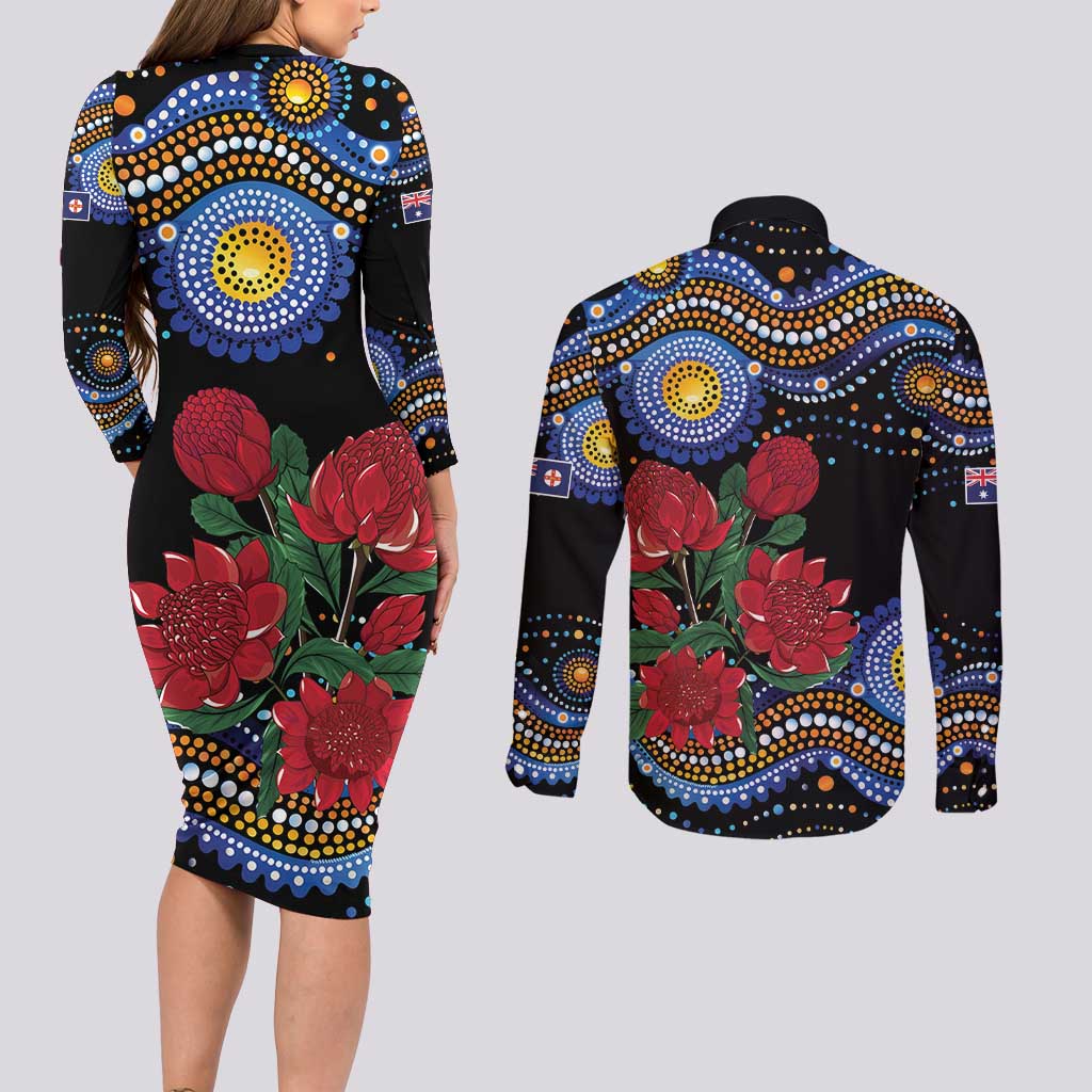 Australia New South Wales Waratahs Couples Matching Long Sleeve Bodycon Dress and Long Sleeve Button Shirt Aboriginal Dot Art