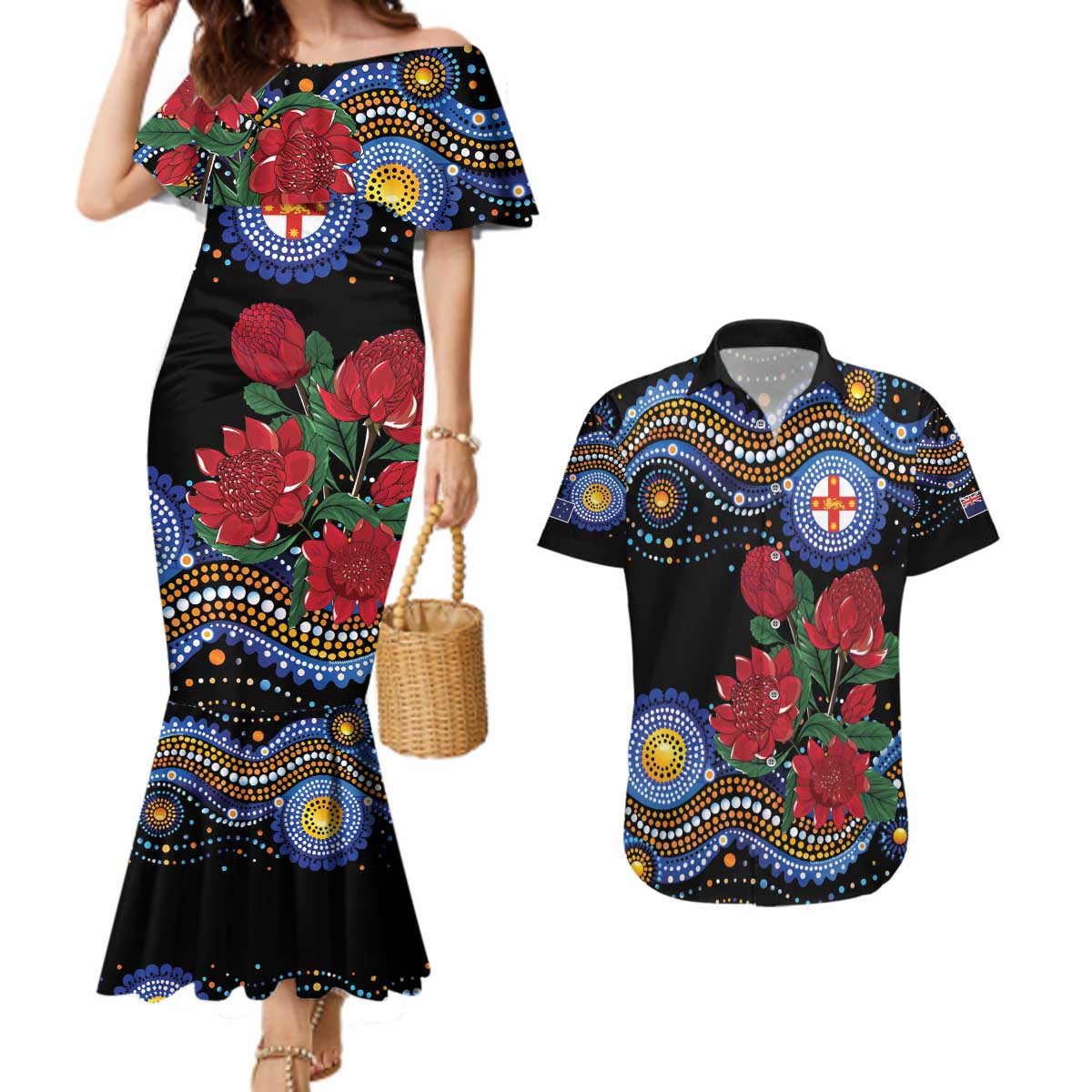 Australia New South Wales Waratahs Couples Matching Mermaid Dress and Hawaiian Shirt Aboriginal Dot Art