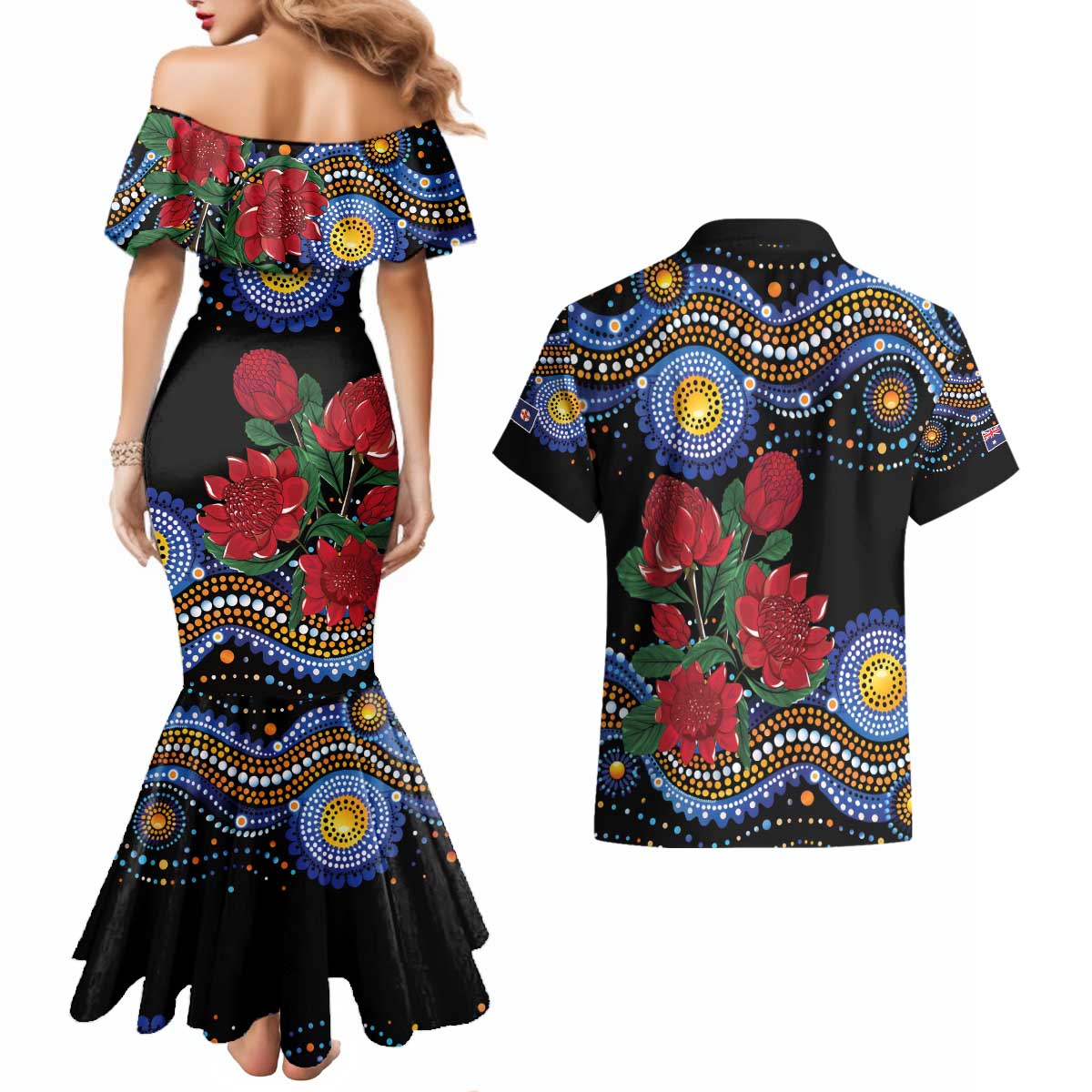 Australia New South Wales Waratahs Couples Matching Mermaid Dress and Hawaiian Shirt Aboriginal Dot Art