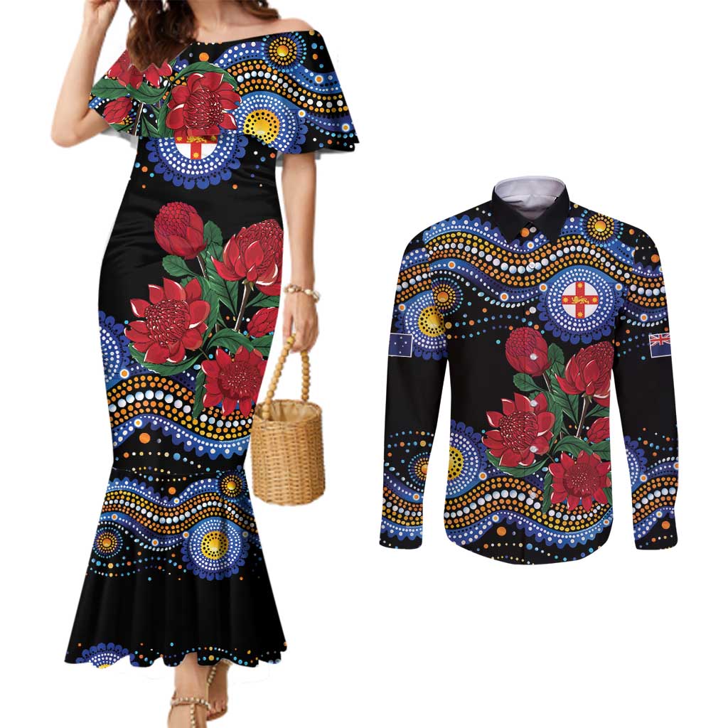 Australia New South Wales Waratahs Couples Matching Mermaid Dress and Long Sleeve Button Shirt Aboriginal Dot Art