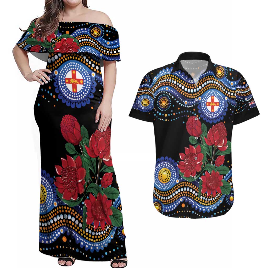 Australia New South Wales Waratahs Couples Matching Off Shoulder Maxi Dress and Hawaiian Shirt Aboriginal Dot Art