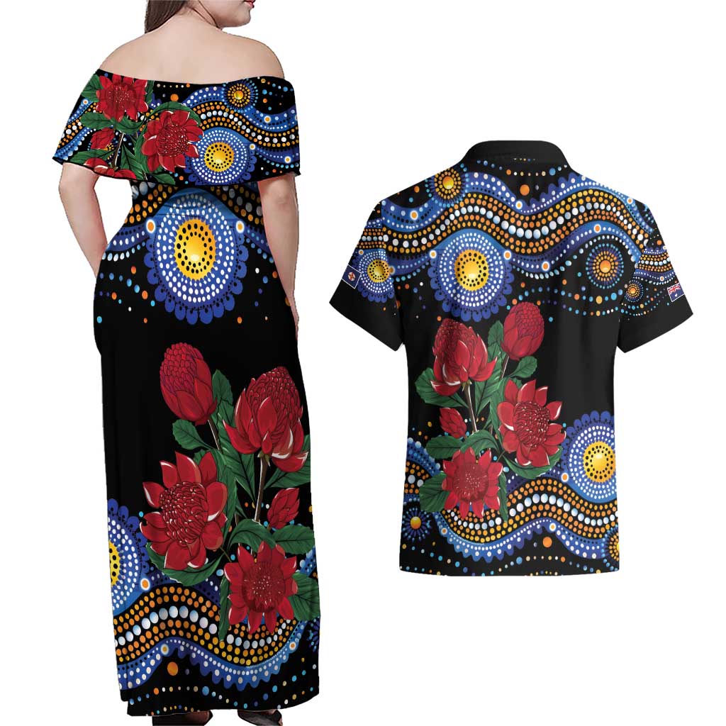 Australia New South Wales Waratahs Couples Matching Off Shoulder Maxi Dress and Hawaiian Shirt Aboriginal Dot Art
