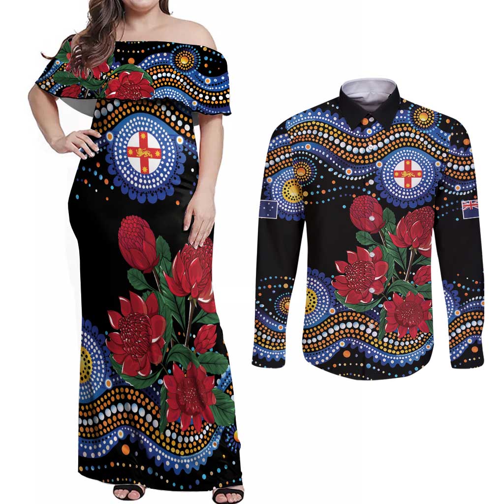Australia New South Wales Waratahs Couples Matching Off Shoulder Maxi Dress and Long Sleeve Button Shirt Aboriginal Dot Art