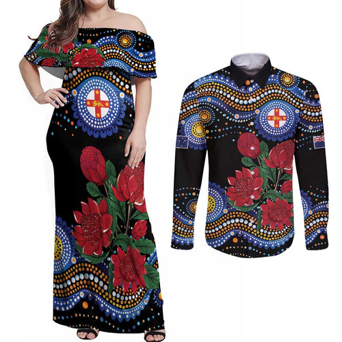 Australia New South Wales Waratahs Couples Matching Off Shoulder Maxi Dress and Long Sleeve Button Shirt Aboriginal Dot Art