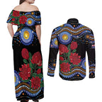 Australia New South Wales Waratahs Couples Matching Off Shoulder Maxi Dress and Long Sleeve Button Shirt Aboriginal Dot Art