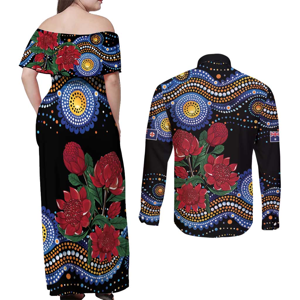Australia New South Wales Waratahs Couples Matching Off Shoulder Maxi Dress and Long Sleeve Button Shirt Aboriginal Dot Art