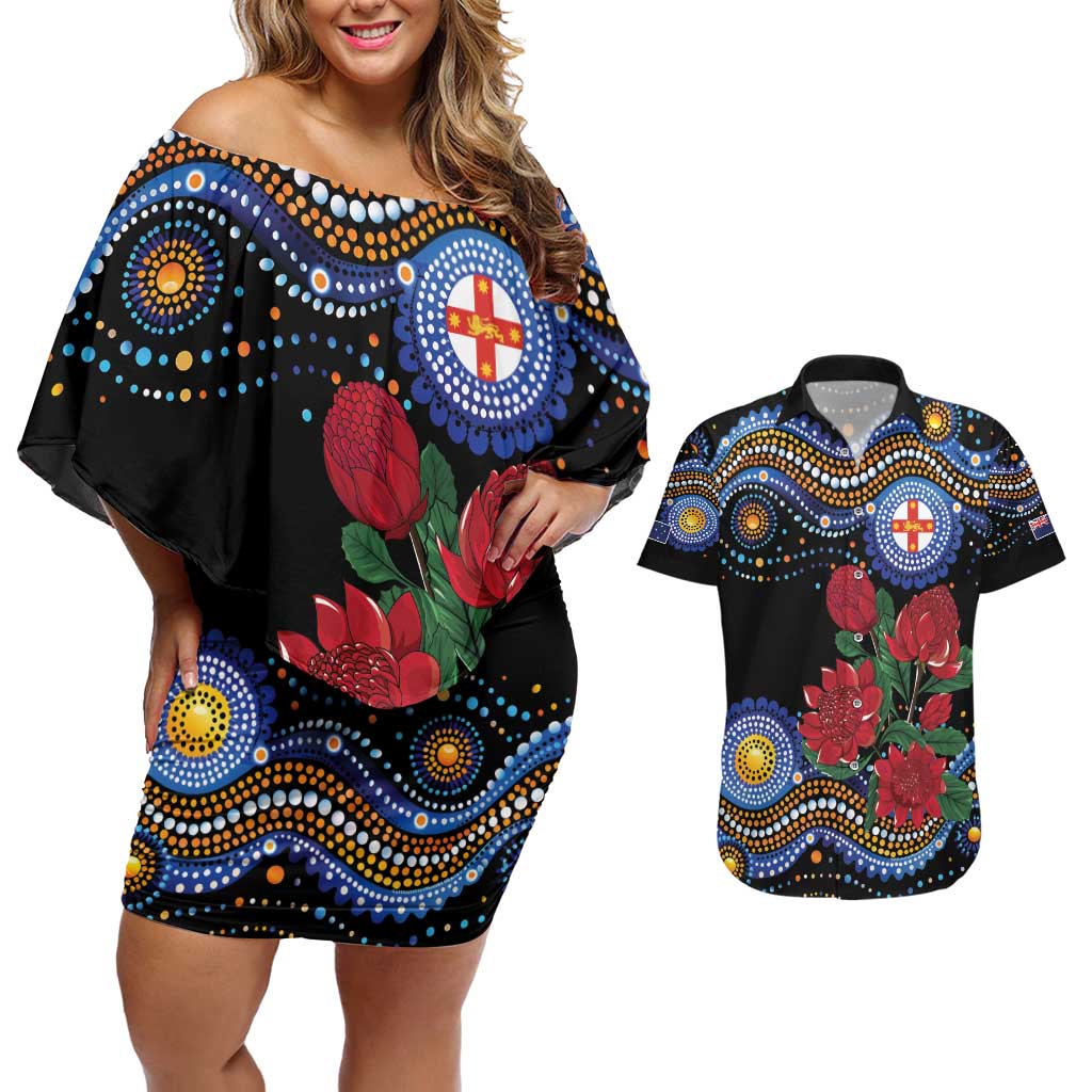 Australia New South Wales Waratahs Couples Matching Off Shoulder Short Dress and Hawaiian Shirt Aboriginal Dot Art