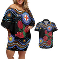 Australia New South Wales Waratahs Couples Matching Off Shoulder Short Dress and Hawaiian Shirt Aboriginal Dot Art