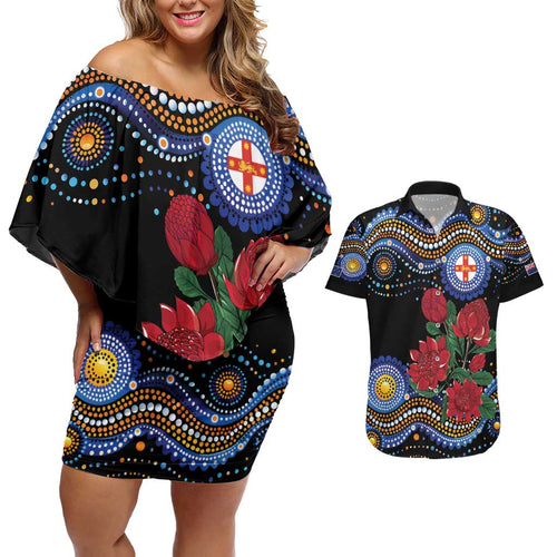 Australia New South Wales Waratahs Couples Matching Off Shoulder Short Dress and Hawaiian Shirt Aboriginal Dot Art