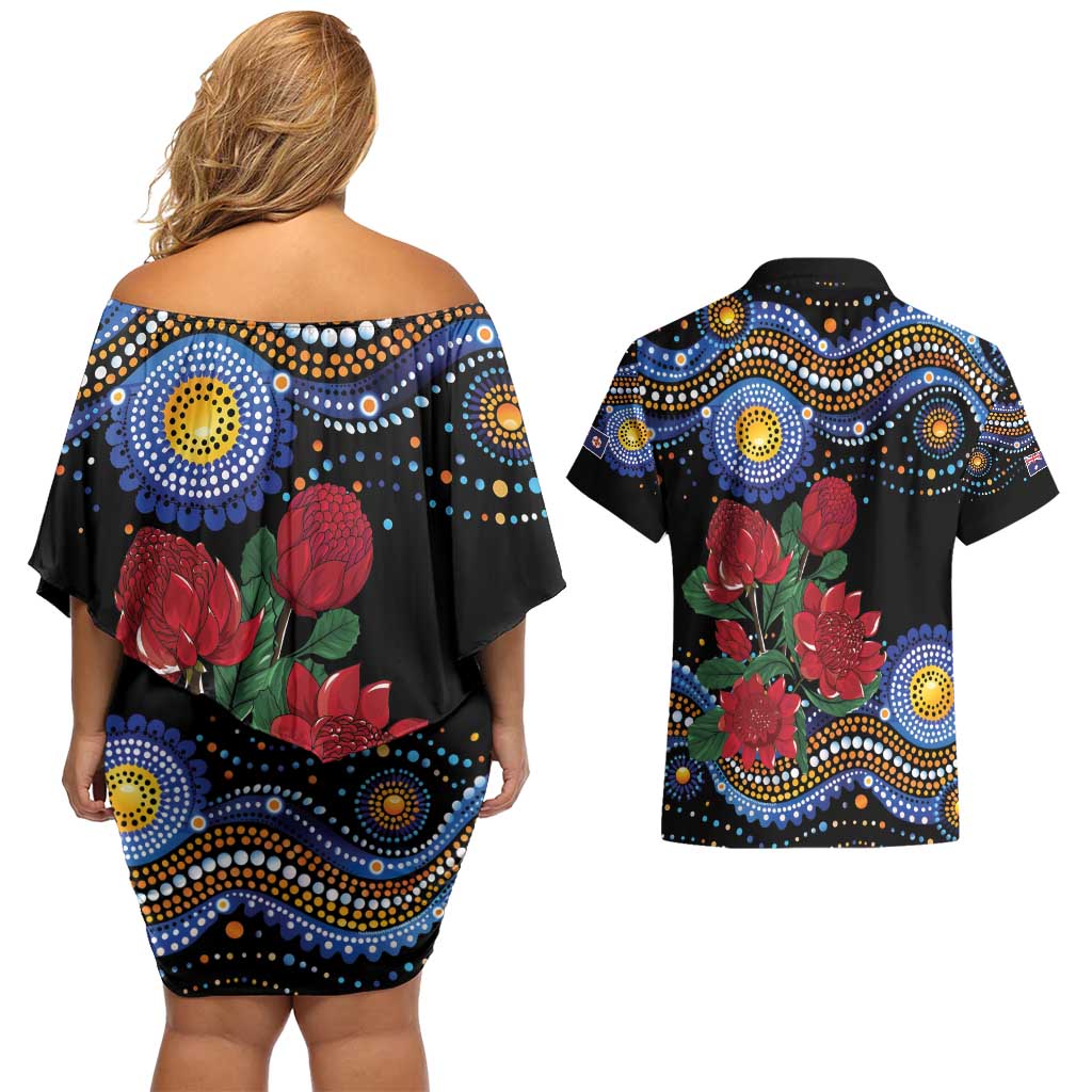 Australia New South Wales Waratahs Couples Matching Off Shoulder Short Dress and Hawaiian Shirt Aboriginal Dot Art