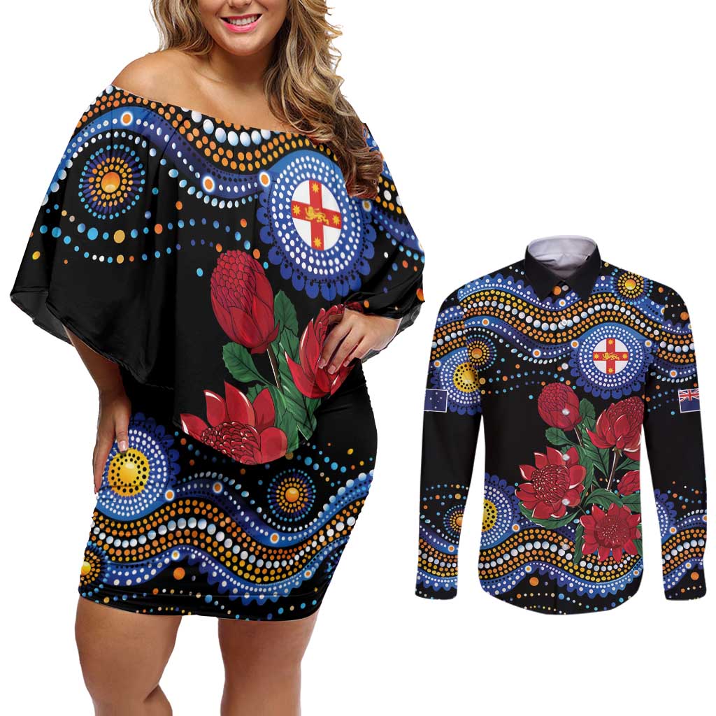 Australia New South Wales Waratahs Couples Matching Off Shoulder Short Dress and Long Sleeve Button Shirt Aboriginal Dot Art