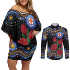 Australia New South Wales Waratahs Couples Matching Off Shoulder Short Dress and Long Sleeve Button Shirt Aboriginal Dot Art