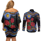 Australia New South Wales Waratahs Couples Matching Off Shoulder Short Dress and Long Sleeve Button Shirt Aboriginal Dot Art