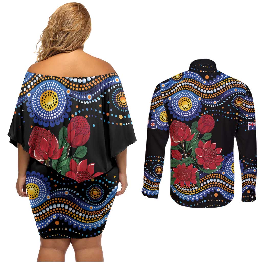 Australia New South Wales Waratahs Couples Matching Off Shoulder Short Dress and Long Sleeve Button Shirt Aboriginal Dot Art