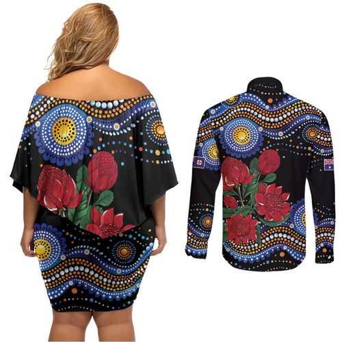 Australia New South Wales Waratahs Couples Matching Off Shoulder Short Dress and Long Sleeve Button Shirt Aboriginal Dot Art