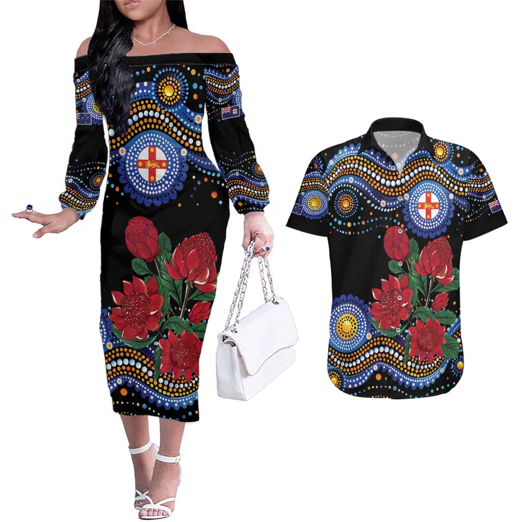 Australia New South Wales Waratahs Couples Matching Off The Shoulder Long Sleeve Dress and Hawaiian Shirt Aboriginal Dot Art