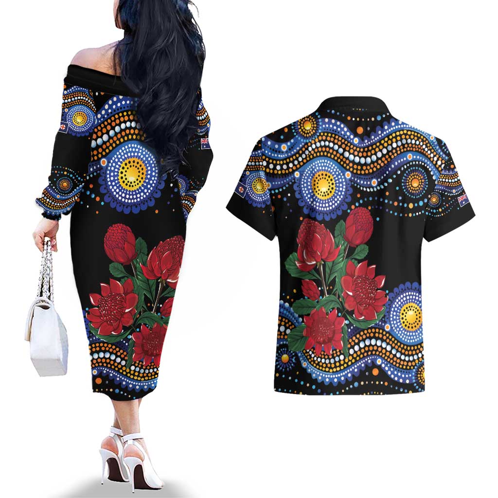 Australia New South Wales Waratahs Couples Matching Off The Shoulder Long Sleeve Dress and Hawaiian Shirt Aboriginal Dot Art