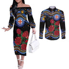 Australia New South Wales Waratahs Couples Matching Off The Shoulder Long Sleeve Dress and Long Sleeve Button Shirt Aboriginal Dot Art
