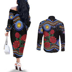 Australia New South Wales Waratahs Couples Matching Off The Shoulder Long Sleeve Dress and Long Sleeve Button Shirt Aboriginal Dot Art