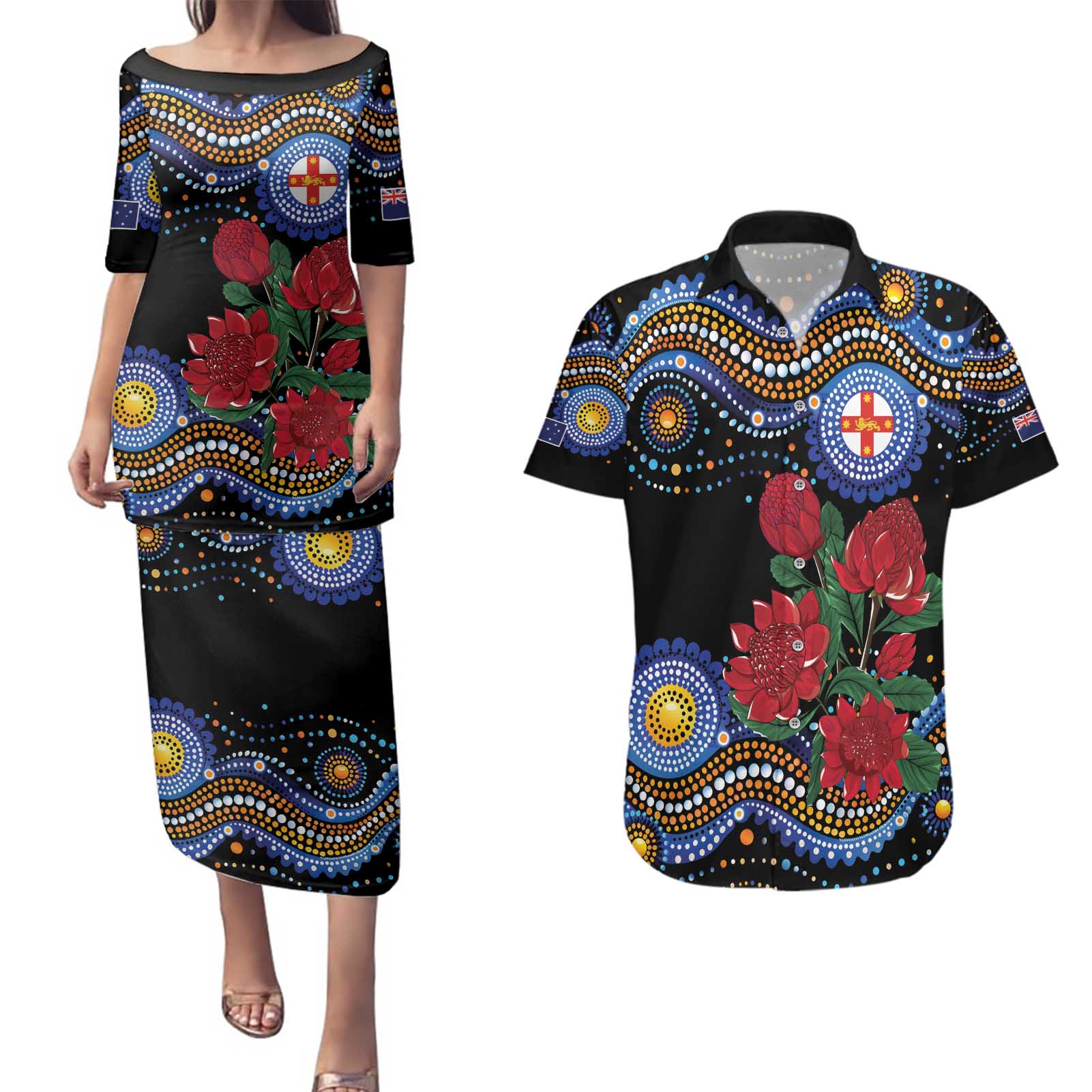 Australia New South Wales Waratahs Couples Matching Puletasi and Hawaiian Shirt Aboriginal Dot Art