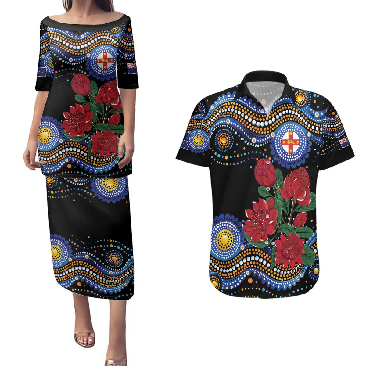 Australia New South Wales Waratahs Couples Matching Puletasi and Hawaiian Shirt Aboriginal Dot Art