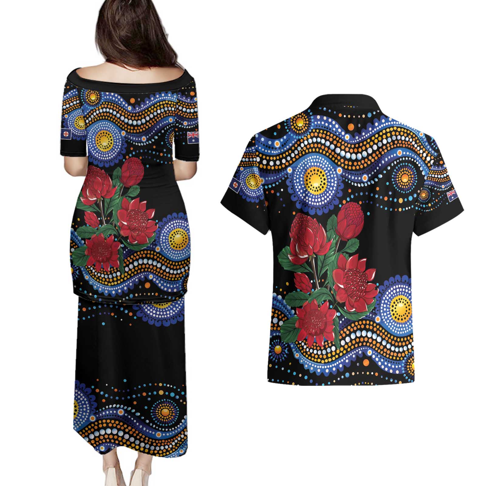 Australia New South Wales Waratahs Couples Matching Puletasi and Hawaiian Shirt Aboriginal Dot Art