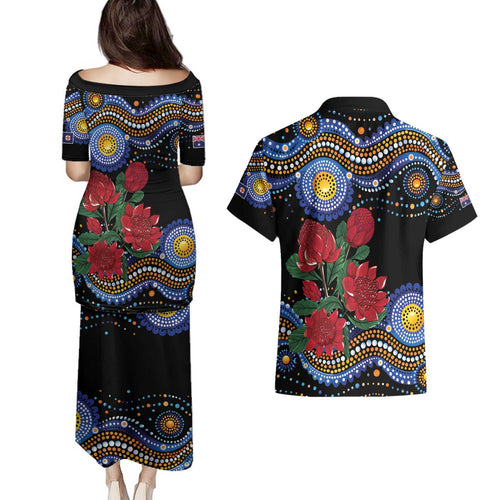 Australia New South Wales Waratahs Couples Matching Puletasi and Hawaiian Shirt Aboriginal Dot Art