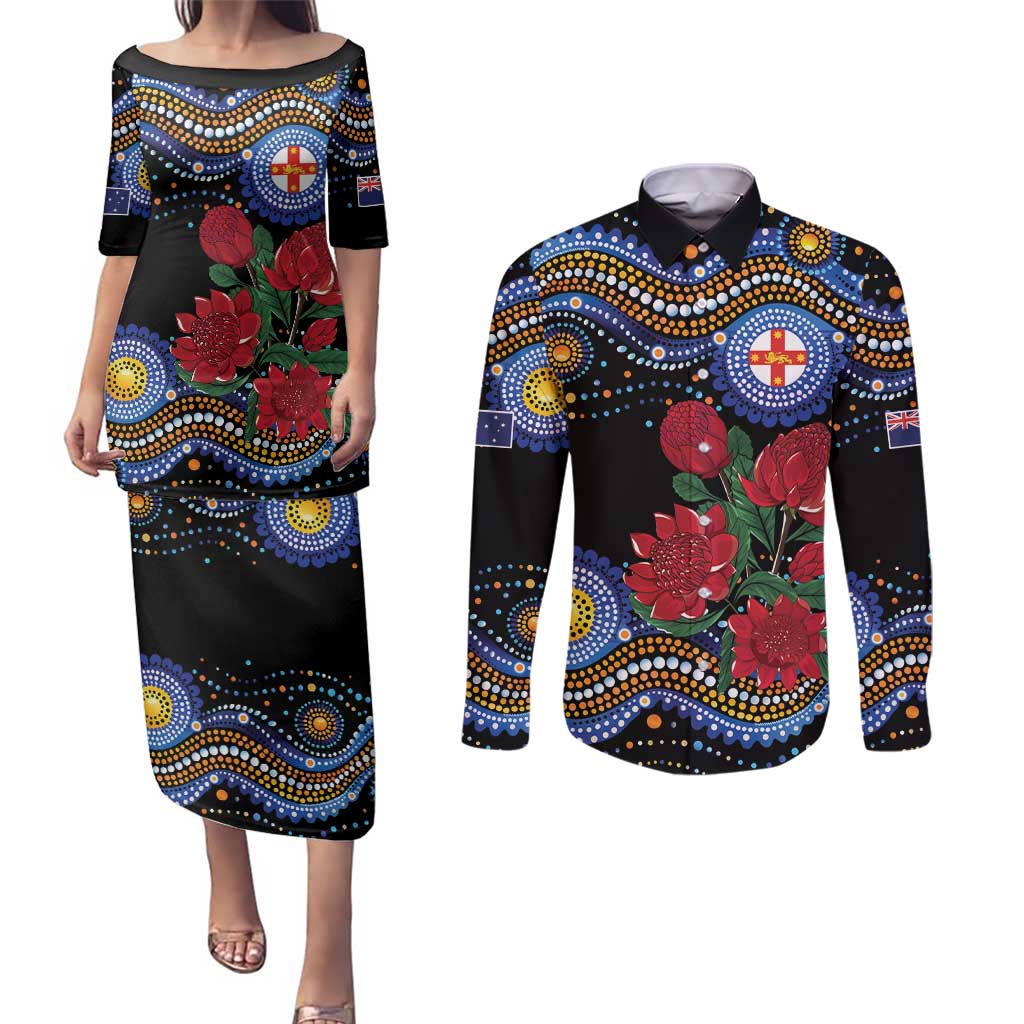 Australia New South Wales Waratahs Couples Matching Puletasi and Long Sleeve Button Shirt Aboriginal Dot Art