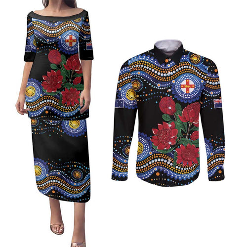 Australia New South Wales Waratahs Couples Matching Puletasi and Long Sleeve Button Shirt Aboriginal Dot Art