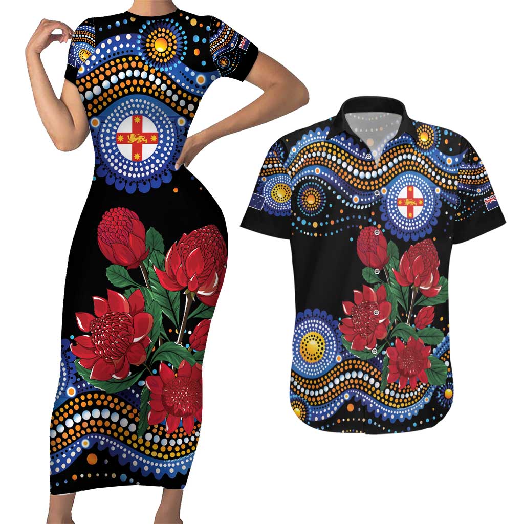 Australia New South Wales Waratahs Couples Matching Short Sleeve Bodycon Dress and Hawaiian Shirt Aboriginal Dot Art