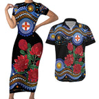 Australia New South Wales Waratahs Couples Matching Short Sleeve Bodycon Dress and Hawaiian Shirt Aboriginal Dot Art