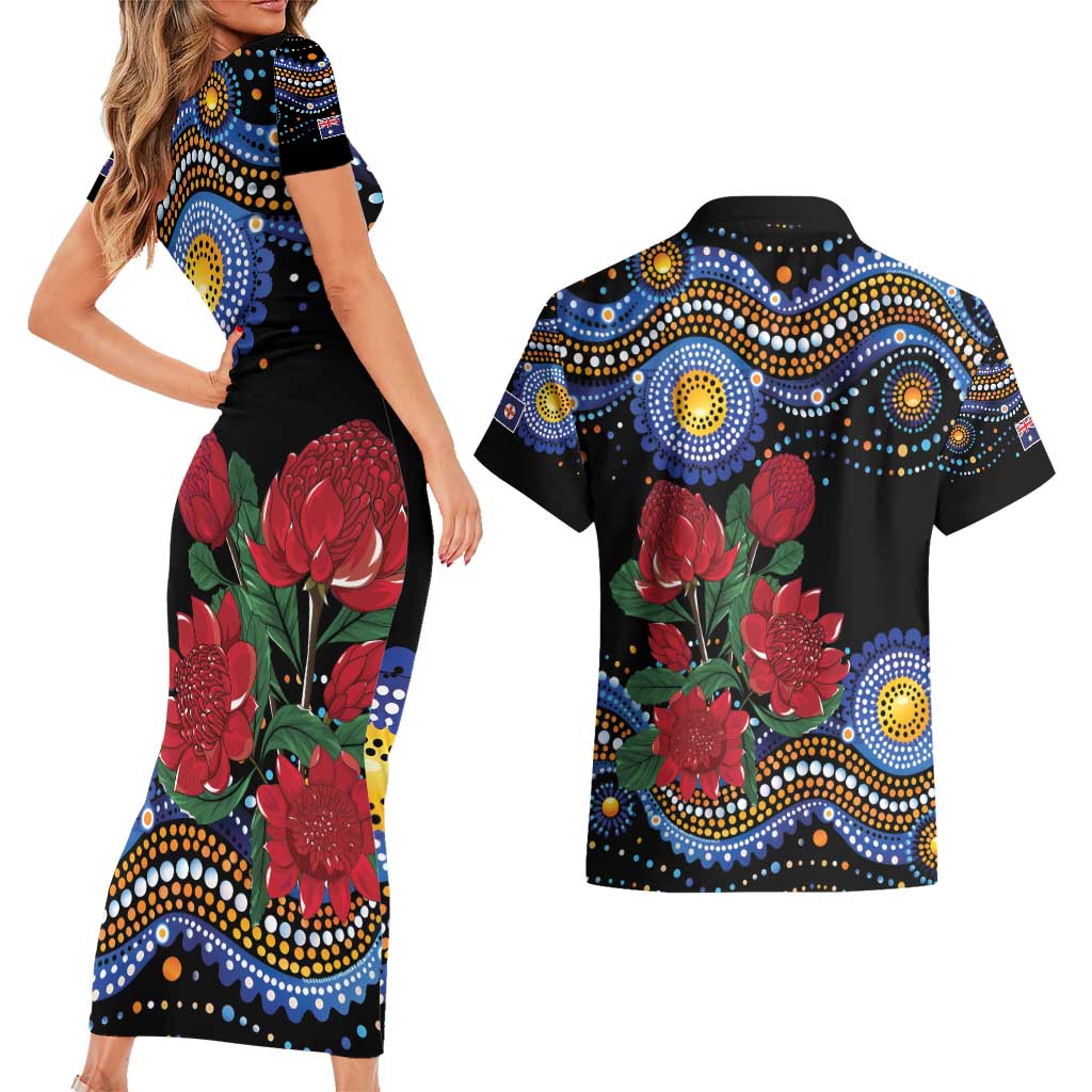 Australia New South Wales Waratahs Couples Matching Short Sleeve Bodycon Dress and Hawaiian Shirt Aboriginal Dot Art