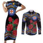 Australia New South Wales Waratahs Couples Matching Short Sleeve Bodycon Dress and Long Sleeve Button Shirt Aboriginal Dot Art