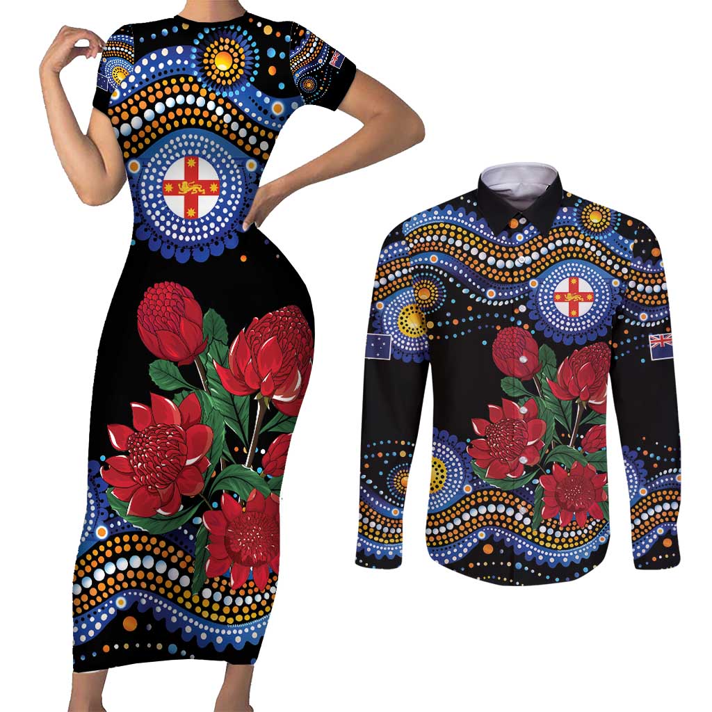 Australia New South Wales Waratahs Couples Matching Short Sleeve Bodycon Dress and Long Sleeve Button Shirt Aboriginal Dot Art
