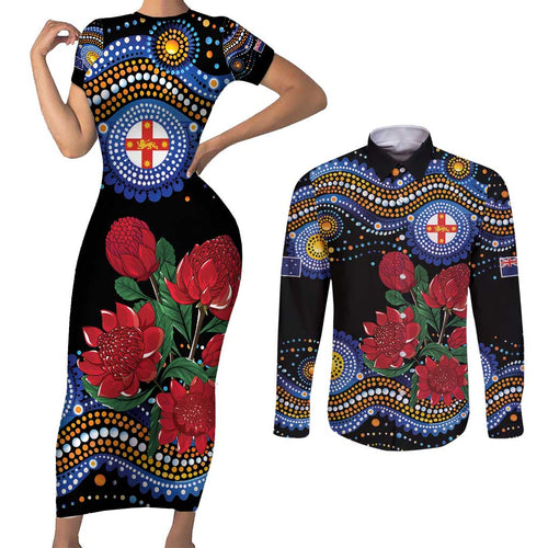 Australia New South Wales Waratahs Couples Matching Short Sleeve Bodycon Dress and Long Sleeve Button Shirt Aboriginal Dot Art