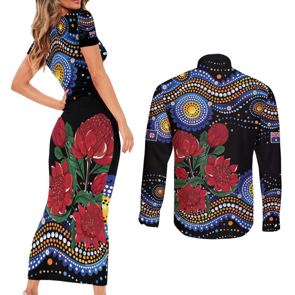 Australia New South Wales Waratahs Couples Matching Short Sleeve Bodycon Dress and Long Sleeve Button Shirt Aboriginal Dot Art